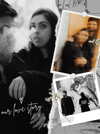 A creative collage that blends moody portraits with polaroid-style snapshots. This artistic edit tells a story of their relationship, combining different moments into one piece of art.