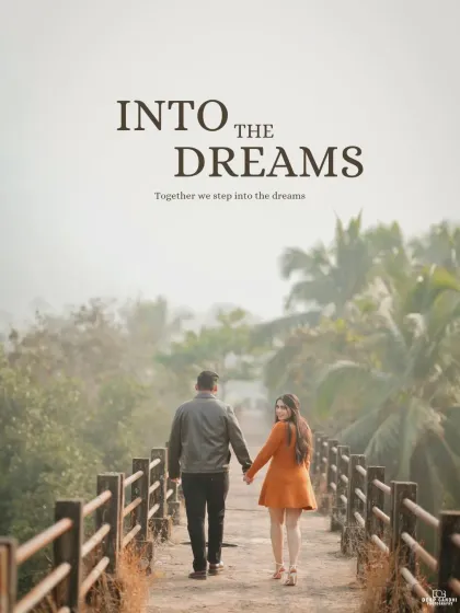 A beautiful shot of the couple walking away hand-in-hand on a rustic bridge, with the text "Into the Dreams" perfectly capturing the mood.