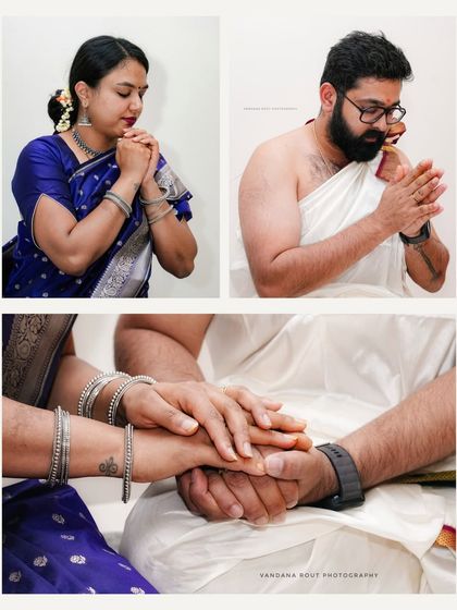 A collage from a housewarming ceremony, showing the couple in prayer and a close-up of their hands together. This captures the essence of shared blessings in their new home.