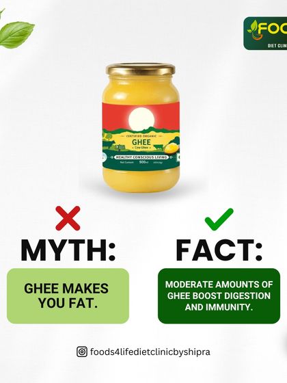 A simple graphic busting the myth that ghee makes you fat. In moderation, it's a superfood that boosts digestion and immunity.
