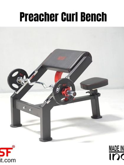 A clean studio shot of the Preacher Curl Bench.