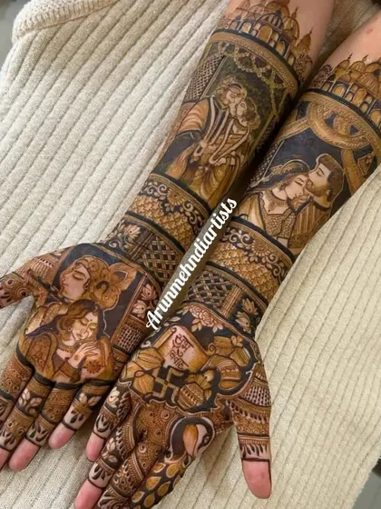 Your entire family's love story can be part of your bridal henna. This full coverage design features multiple couple and family portraits, capturing precious moments from the forearm down to the palm.
