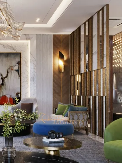 A mirrored and wood-paneled partition adds depth and reflects light, making the space feel larger and more dynamic.