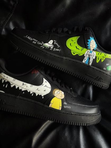 The full pair of Rick and Morty custom sneakers, showcasing the chaotic energy of the show.