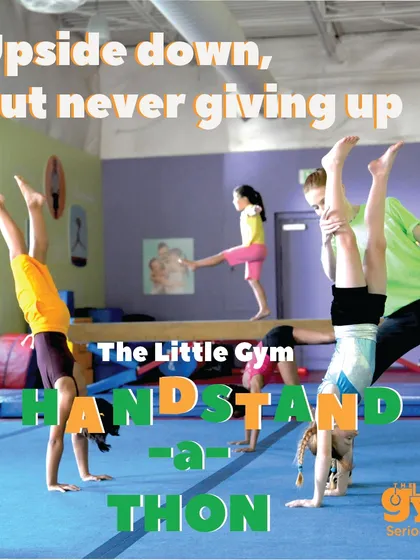 My Handstand-a-thon in action. This image shows a class full of kids at various stages of learning a handstand, supported by instructors. It's a great example of my 'Three-Dimensional Learning' approach.