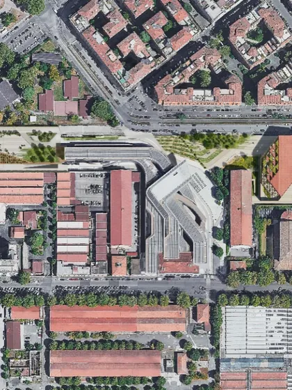 A satellite view of the MAXXI site, showing how our proposed design fits within the complex urban context of Rome.