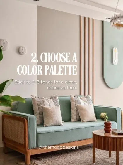 Next, choose a color palette. Sticking to two or three main tones, like the soft green and neutral shades shown here, creates a clean and cohesive look.