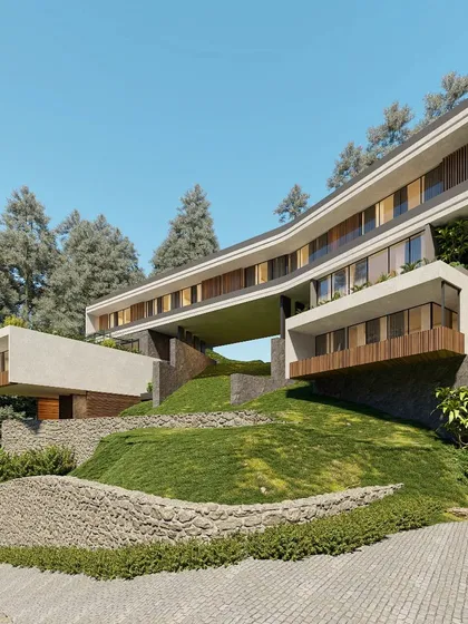 A design rendering for a holiday retreat in Solan, demonstrating our expertise in hillside architecture. The structure features a dramatic cantilevered bridge connecting two wings, designed to embrace the challenging topography and offer panoramic views of the surrounding forest.