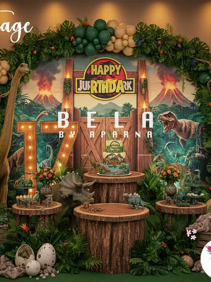 Step back in time with this Jurassic-themed birthday stage. I love building immersive worlds, and this setup, with its lush foliage, volcanic backdrop, and lifelike dinosaurs, shows my commitment to creating a truly memorable adventure.
