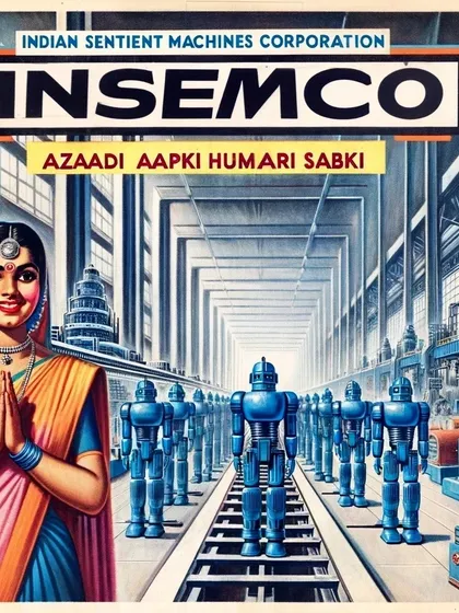 An INSEMCO poster showing a fleet of robots on a factory line, with the tagline 'Azaadi Aapki Humari Sabki' (Freedom for you, for us, for everyone).