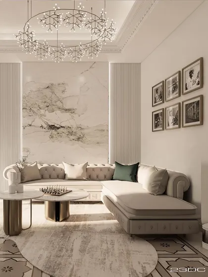 This living area is the epitome of opulent elegance, where neo-classical design meets minimal luxury. A modern chandelier complements the tufted chesterfield sofa, while a marble feature wall adds a touch of natural grandeur.