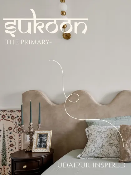 I call this the Room of 'Sukoon' (peace). Inspired by the serene palaces of Udaipur, this primary bedroom is a sanctuary. We used soft textures, a calming color palette, and gentle curves in the headboard to create a perfect escape for rest and rejuvenation.