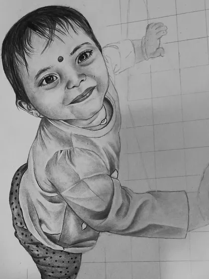 The sketch in progress, with the grid lines still visible. This shows how I build up the drawing from a simple outline to a fully shaded piece.