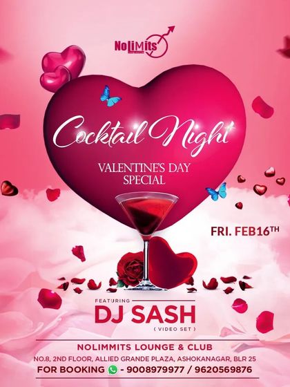 A poster for a Valentine's Day special Cocktail Night, combining romance with great music.