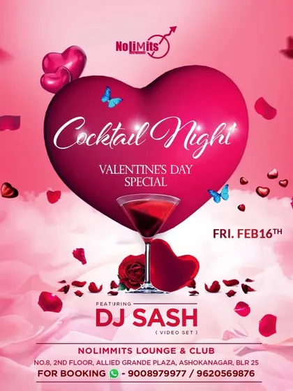 A poster for a Valentine's Day special Cocktail Night, combining romance with great music.