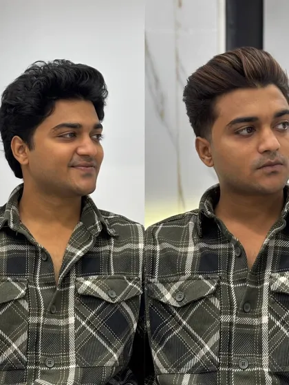 A subtle change can make a big impact. We gave this client a fresh cut and added caramel brown highlights to enhance the texture and style, giving him a complete glow-up.