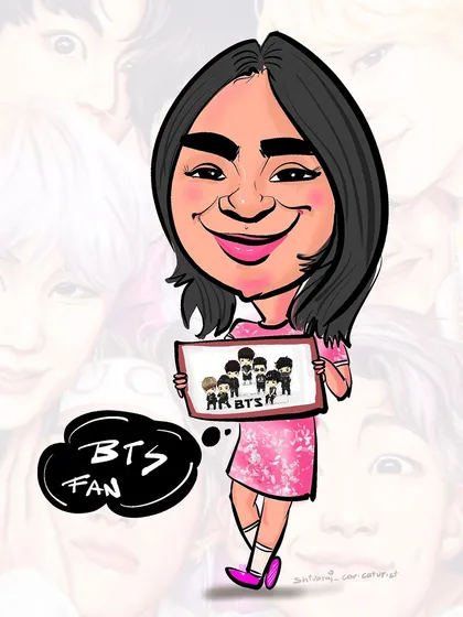 For the fans. This custom caricature was a special request for a dedicated BTS fan, incorporating her love for the band into a personalized portrait. I can add any hobby or interest to make your caricature truly yours.