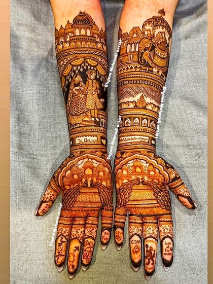 A grand bridal design with portraits, initials, and even fun elements like Mickey Mouse silhouettes.