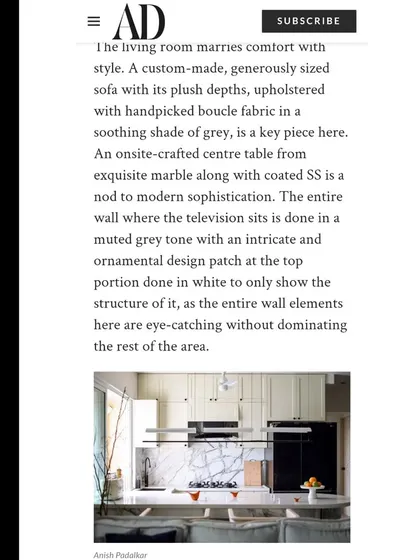 We were thrilled to have our 'YBJ Residence' project published in Architectural Digest. This snippet discusses the custom-made sofa and the exquisite marble center table.