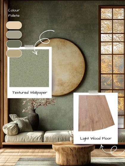 This Japandi living space uses a textured wallpaper in a muted green, paired with a light wood floor. The combination of natural textures and an earthy color palette creates a serene and inviting atmosphere.