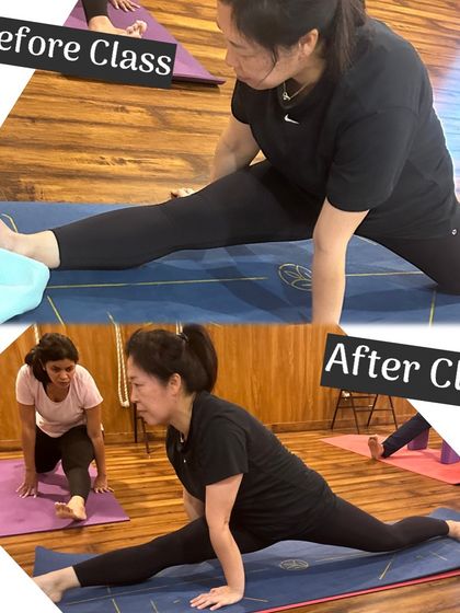 Progress is a community effort. This collage shows a student achieving a deeper split with my guidance, while others practice nearby.