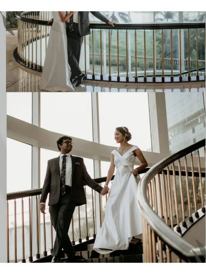 A collage showing the couple on a grand staircase, capturing the elegance of their Christian wedding attire and venue.
