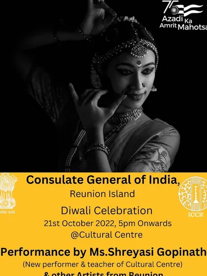 The official poster for my debut performance in Reunion Island for Diwali celebrations. This marks the beginning of my journey as a performer and teacher on the island.
