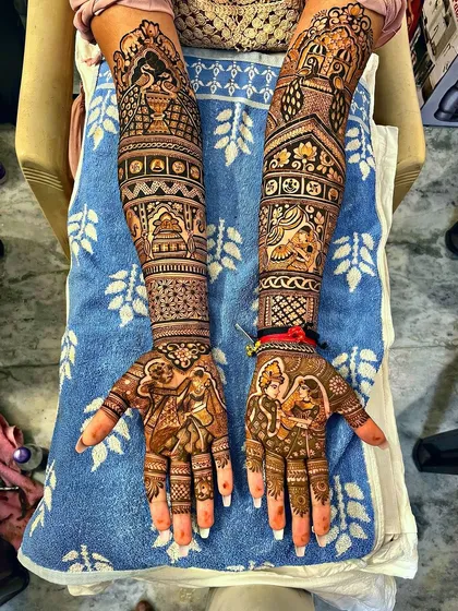 A full-arm design with couple portraits and various wedding scenes.