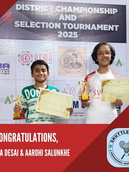We build champions. A huge congratulations to our young talents, Ajinkya Desai and Aarohi Salunkhe, on their incredible wins at the Mumbai Suburban District Badminton Championship.