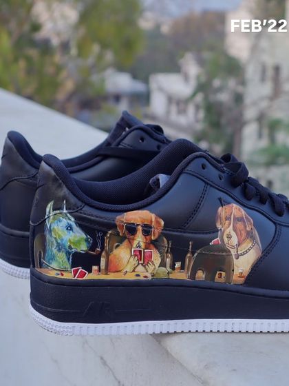 A little throwback to one of my first-ever custom orders from 2022. I painted the famous "Dogs Playing Poker" scene on a pair of black Nike Air Force 1s. It's fun to see how my style has evolved since then.