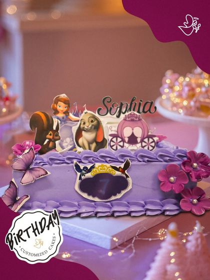 A royal birthday cake for Princess Sophia, adorned with her friends, a carriage, and beautiful butterfly accents. The purple buttercream and delicate details make it a truly special treat.
