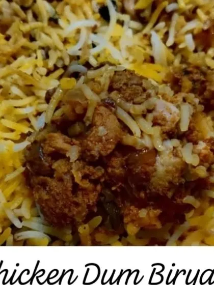 A close-up of my Hyderabadi style Chicken Dum Biryani, highlighting the texture of the rice and the masala-coated chicken.