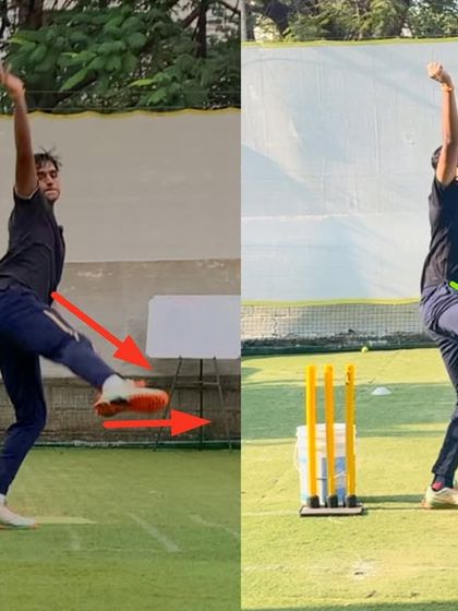 This transformation focused on controlling a fast-paced action. The 'after' image shows a much more stable and aligned position, allowing the bowler to use his body effectively instead of just his arm.