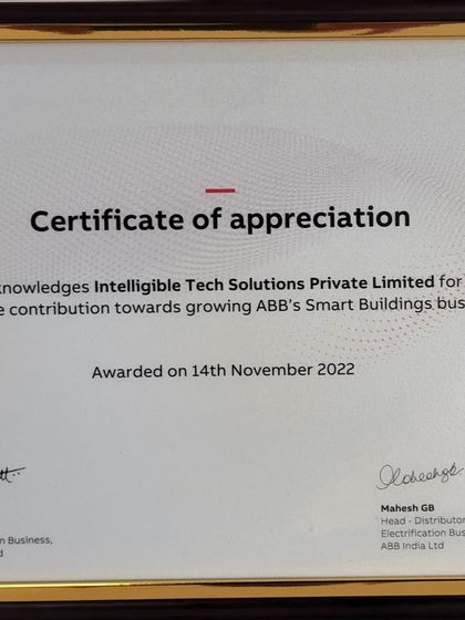 We are humbled to receive this Certificate of Appreciation from ABB for our contribution toward growing their Smart Buildings business. This motivates us to continue delivering excellence.