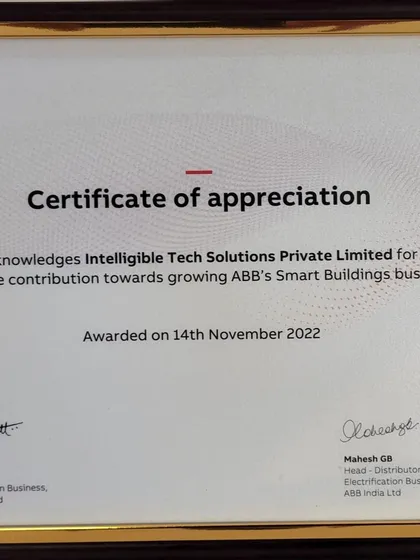 We are humbled to receive this Certificate of Appreciation from ABB for our contribution to growing their Smart Buildings business. This recognition motivates us and validates the trust our partners place in us.
