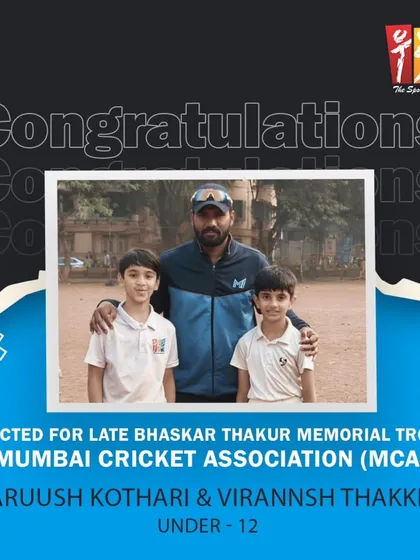 Congratulations to our young cricketers, Aaruush Kothari and Virannsh Thakker. Both have been selected for the Under 12 MCA team, a testament to their hard work and the quality of our coaching programs.