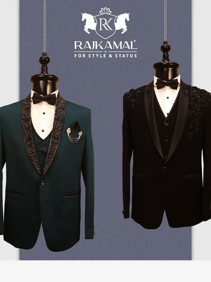 A showcase of two of my signature tuxedos. On the left, a green tuxedo with embellished lapels, and on the right, a black tuxedo with detailed shoulder embroidery, offering options for different tastes.