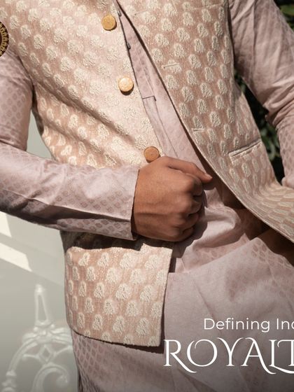 Defining Indian royalty. A client looking dapper and confident in his beige patterned kurta and jacket.