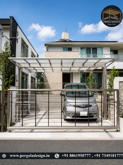 This image showcases a simple and effective carport design for a single vehicle. The polycarbonate roof is supported by a minimal steel frame, providing essential protection from the elements without overwhelming the home's facade. The matching gate completes the look.