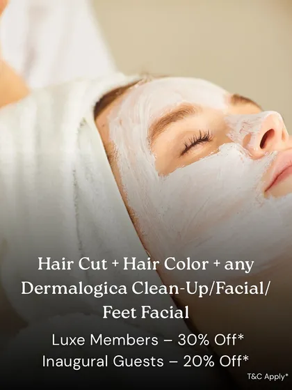 An exclusive offer for my salon at The Hive, Kandivali. This package combines a haircut, hair color, and a choice of Dermalogica facial or feet facial.