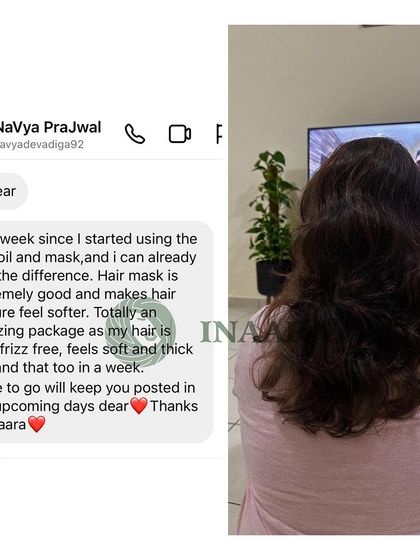 A client from the UAE felt a difference in just one week. She loves how the hair oil and mask package made her hair frizz-free, soft, and thick.
