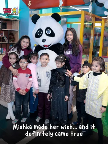The whole party crew gathers for a memorable photo with our star panda. Mascot appearances are a fantastic way to elevate any birthday theme and excite all the guests.