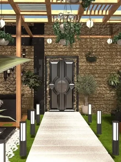 A proposed design for a rustic-themed pergola in Bulandshahr, with stone-textured walls and hanging plants.