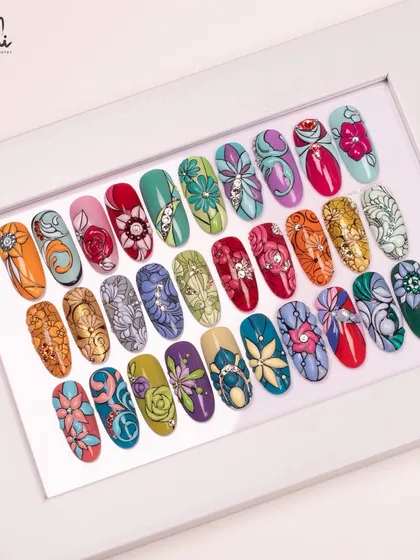 A glimpse into my portfolio of hand-painted nail art. This collection shows the variety I love to create, from vibrant florals and 3D embossed patterns to detailed line work, all framed to showcase the artistry.