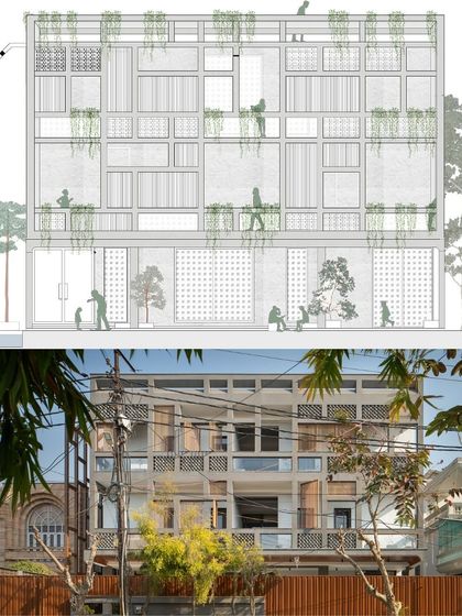 A 'sketch to site' comparison, showing the architectural elevation drawing next to the completed facade. This illustrates how our initial concept of a layered, green-filled structure was realized.
