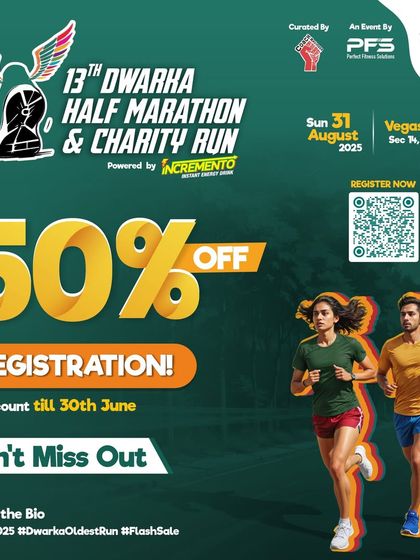 Offer Live. A flash sale announcement for 50% off registration for the Dwarka Half Marathon.
