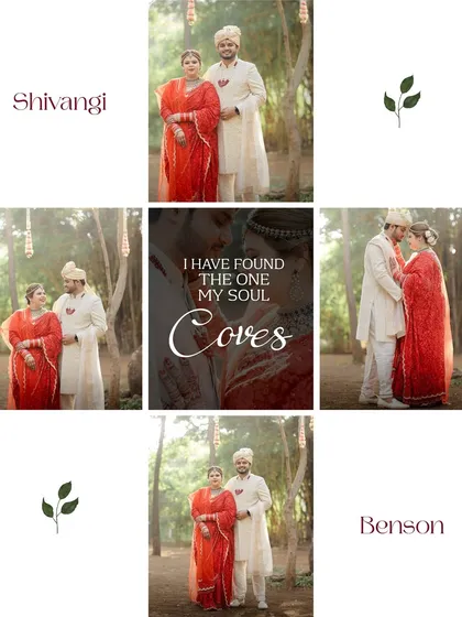 A creative collage celebrating the union of Shivangi and Benson, capturing their connection from different perspectives.