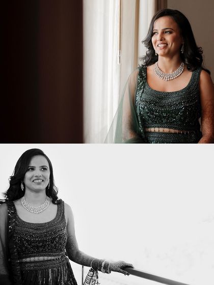 A collage of the bride's portraits, in both color and black and white. The natural light from the window creates a soft and beautiful effect.