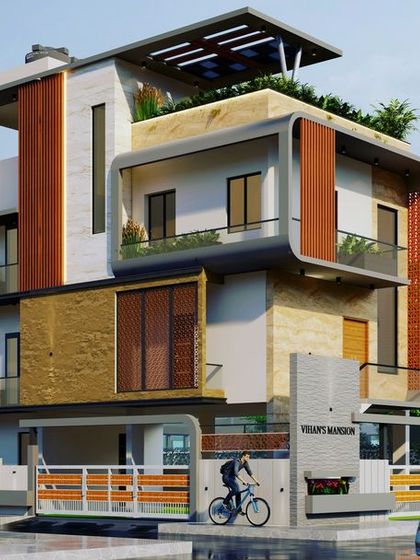 This architectural visualization for a new residence in Hubli showcases our use of dynamic, curved elements that wrap around the structure. The design incorporates rooftop greenery and a mix of stone and wood textures for a sophisticated look.