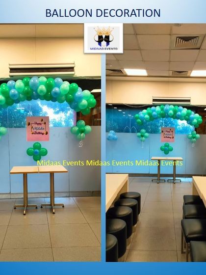 A simple and clean balloon arch decoration for a corporate or community event space. This is an effective way to mark an entrance or a special area.